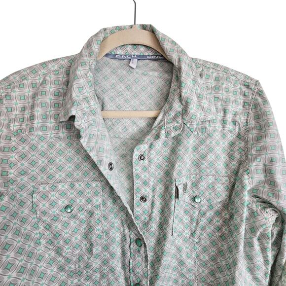 Cinch Shirt Cinch Button Down Shirt Western Shirt Women L Green Pearl Snap Shirt - Picture 2 of 8